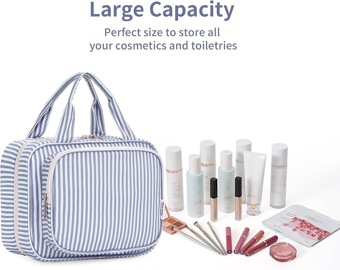 Striped Hanging Toiletry Bag for Women Travel Makeup Bag Organizer Toiletries Bag for Travel Size Essentials Accessories Cosmetics (Greyish Blue Stripe (Medium))