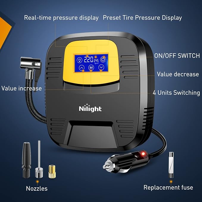 Tire Inflator Air Compressor Portable Pump for 12V DC Car Tires with Digital Pressure Gauge 150PSI Auto LED Light Cars ATVs Bicycles
