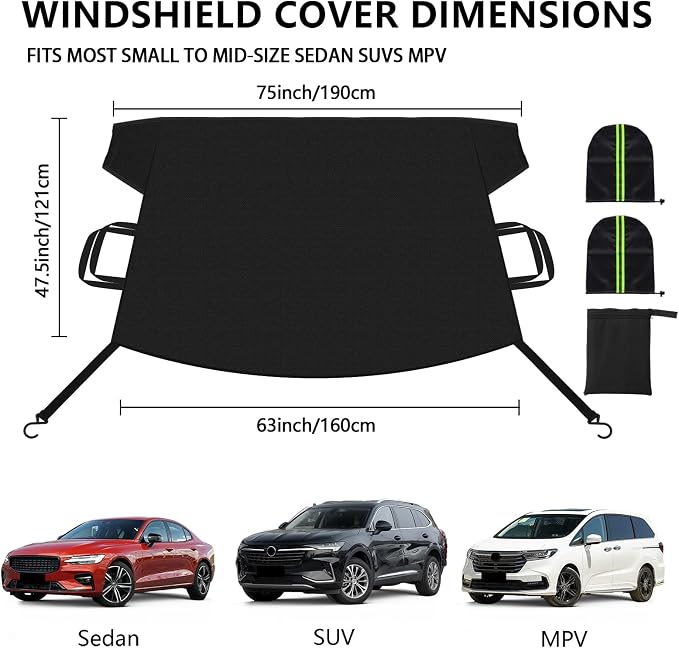 KXQ Car Windshield Cover for Ice and Snow, Enhanced-600D Oxford Fabric Windshield Snow Covers, Windshield Cover for Snow Fits Most Small to Mid-Size Sedans and SUVs (63 x 47.5 Inch)