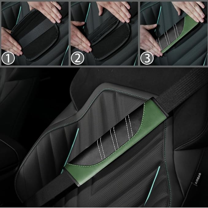6 Pcs Green Car Accessories Set, Sport Leather Steering Wheel Cover 14.5-15inch Universal, Microfiber Leather Car Center Console Cover, Seat Belt Cushion, Cup Holder Coaster (Black-Green)