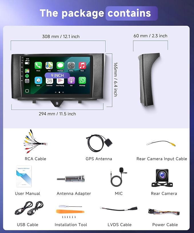4G+64G Car Radio Stereo for Mercedes Benz Smart Fortwo 2011-2015, 9inch IPS Touch Screen/Android 15/Wireless CarPlay/Android Auto/32 EQ/GPS/WiFi/5.0Bluetooth/FM/RDS/SWC/AHD Backup Camera