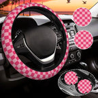 Hot Pink Checkered Steering Wheel Cover for Women, Steering Wheel Covers with Anti-Slip Lining, Universal 14.5-15 inchs Car Interior Accessories with 2PCS Car Coasters Suitable for Men and Women