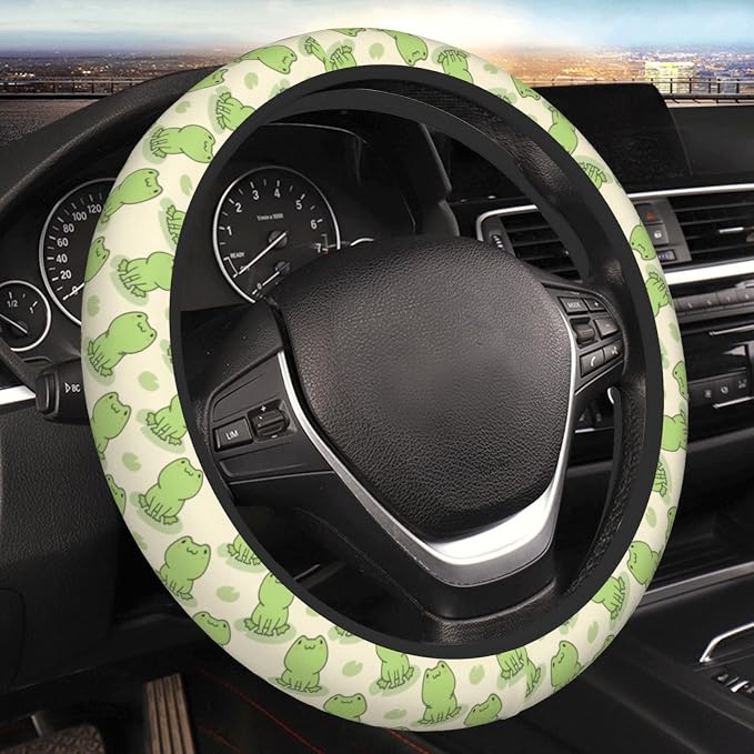 Frog Steering Wheel Cover Anti-Slip and Practical 14.5-15 Inch Universal Car Steering Wheel Cover with 2 Pieces Car Coasters Suitable for Men Women