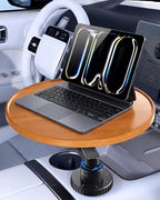 Wood Car Cup Holder Tray Table for iPad Laptop Food, 360 Swivel Car Desk for Working & Eating, Easy Mounting Car Road Trip Essentials for Tesla Model 3 Y Sedan SUV Pickup Semi Truck RV
