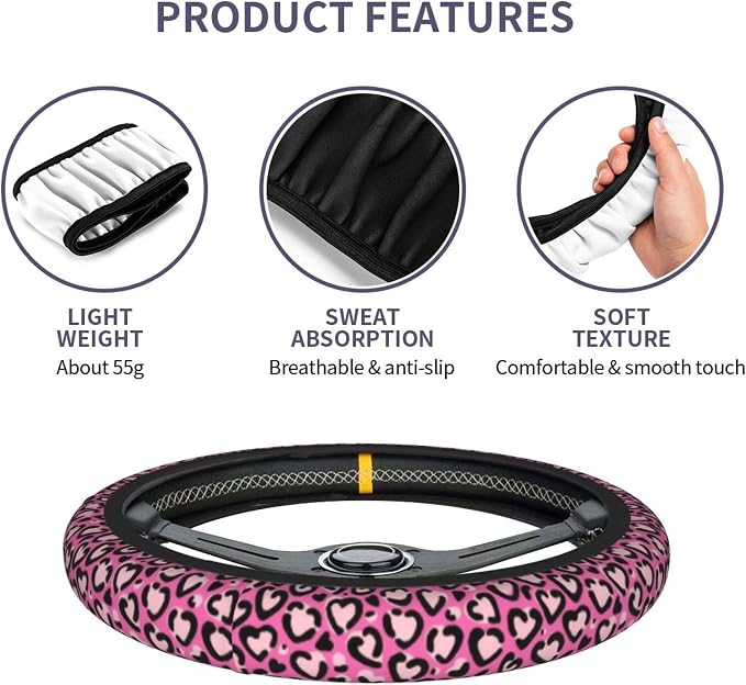 Pink Leopard Pattern Steering Wheel Cover 15 Inch Cheetah Steering Wheel Cover Anti-Slip Universal Pink Leopard 2 Pcs Car Interior Cup Holder Pad for Men Women