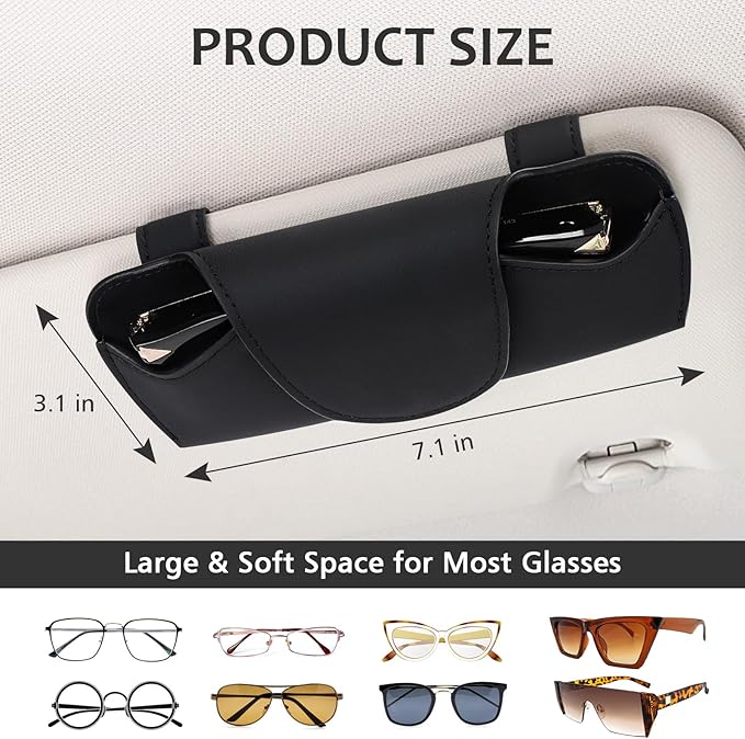 Sunglasses Holder for Car Sun Visor, Vehicle Sun Visor Sunglass Holders Glasses Case with Magnetic Closure, Universal Leather Auto Eyeglasses Organizer Car Accessories, No Obstruction of Vision
