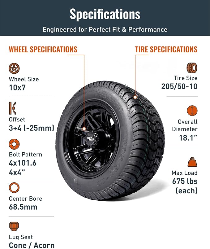 10 inch Golf Cart Wheel Tire Combo Kit, RT103 Gloss Black 10x7 Rim 205/50-10 Low Profile Tire, No Lift Kit Required, Fits Club Car Precedent EZGO TXT RXV Yamaha G1-G29, One Single