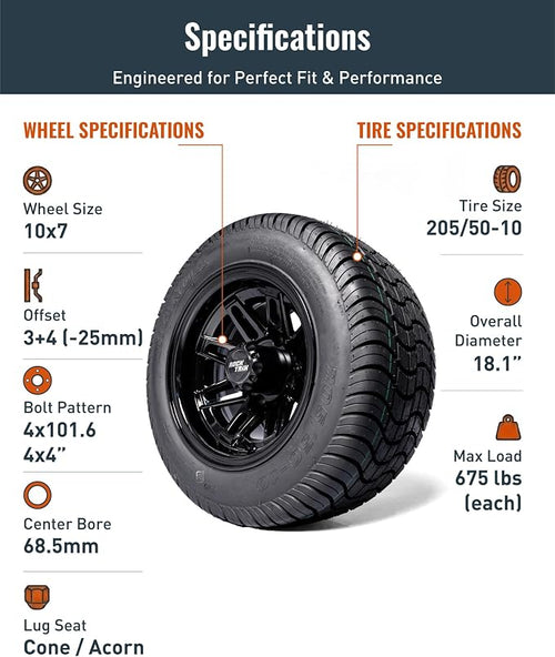 10 inch Golf Cart Wheel Tire Combo Kit, RT103 Gloss Black 10x7 Rim 205/50-10 Low Profile Tire, No Lift Kit Required, Fits Club Car Precedent EZGO TXT RXV Yamaha G1-G29, One Single