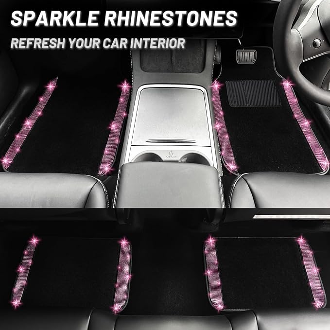 12 Pcs Bling Car Accessories Set for Women Car Floor Mats Full Set Steering Wheel Cover Seat Belt Covers Coasters Universal Fit Car SUV Truck Van Pink