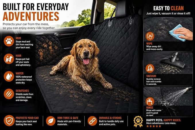 Dog Car Seat Cover for Back Seat - 100% Waterproof Hammock with Side Flaps, Non-Slip Pet Seat Protector, Scratch Resistant Heavy Duty Oxford Fabric, Fits Cars, Trucks & SUVs
