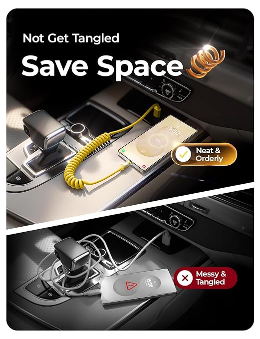 Coiled USB C Cable, 2 Pack for Android Auto & CarPlay Cable, Short USB A to USB C Cable Compatible with iPhone 17/16/15, Samsung Galaxy S25/S24/S23 A15/A14, Google Pixel 9/8, Yellow 4FT