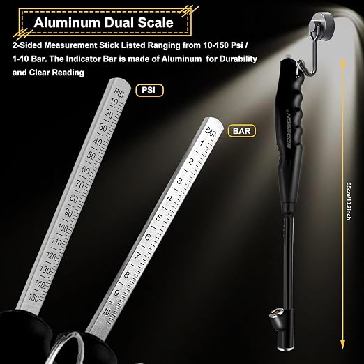 Truck Tire Pressure Gauge,10-150 PSI Dual Head Air Gauge with PVC Handle for Dually Tires and Schrader Valve, Accurate Analog 13.3" Tire Pressure Checker for Car, SUV, RV, Motorcycle (Black)
