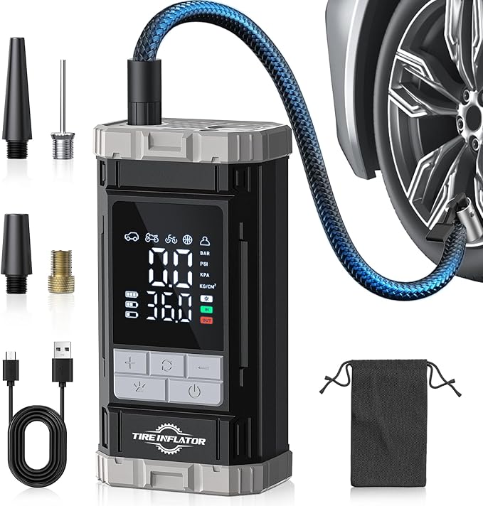 150 PSI Cordless Rechargeable Tire Inflator Portable Air Compressor | Fast Inflation, Digital Gauge, Auto Shutoff, LED Light, One-Click Start, for Car, Motorcycle, Bike, Sports Ball