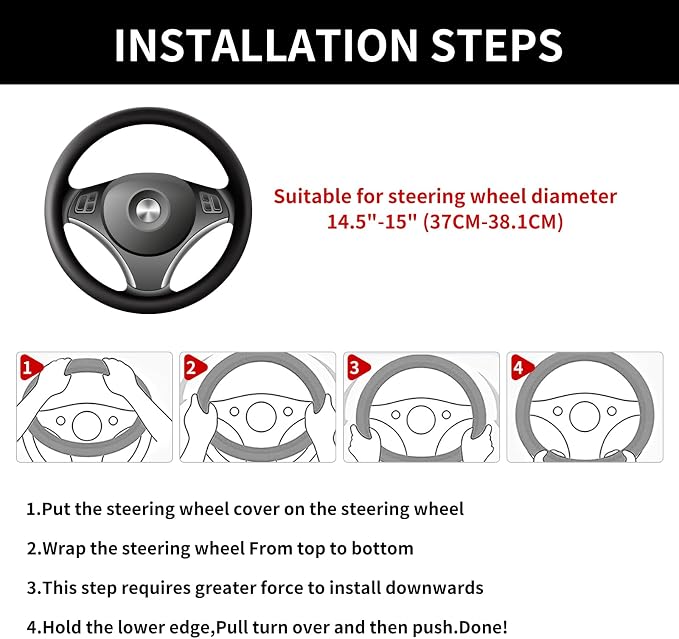 Car Steering Wheel Cover 15 inch, Microfiber PU Leather Elastic Steering Wheel Protector, Anti-Slip Breathable Car Interior Accessories for Most Cars (Black)