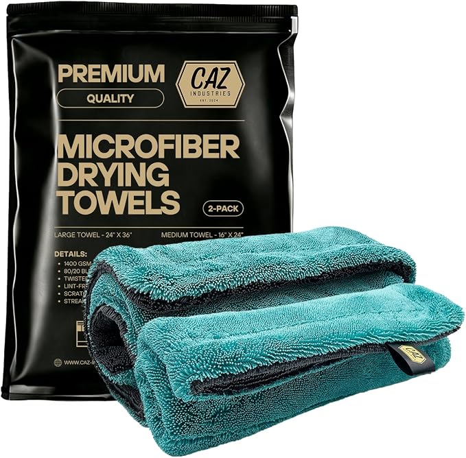 Microfiber Drying Towels (2-Pack) – 1400 GSM Twisted Loop, Large 24"×36" + Medium 16"×24" – Ultra Absorbent, Streak-Free, Scratch-Free Car Drying Towels
