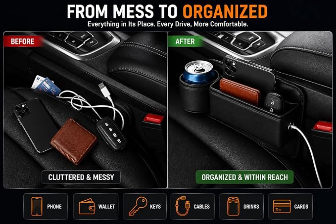 Car Seat Gap Filler Organizer with Cup Holder, Universal Car Storage