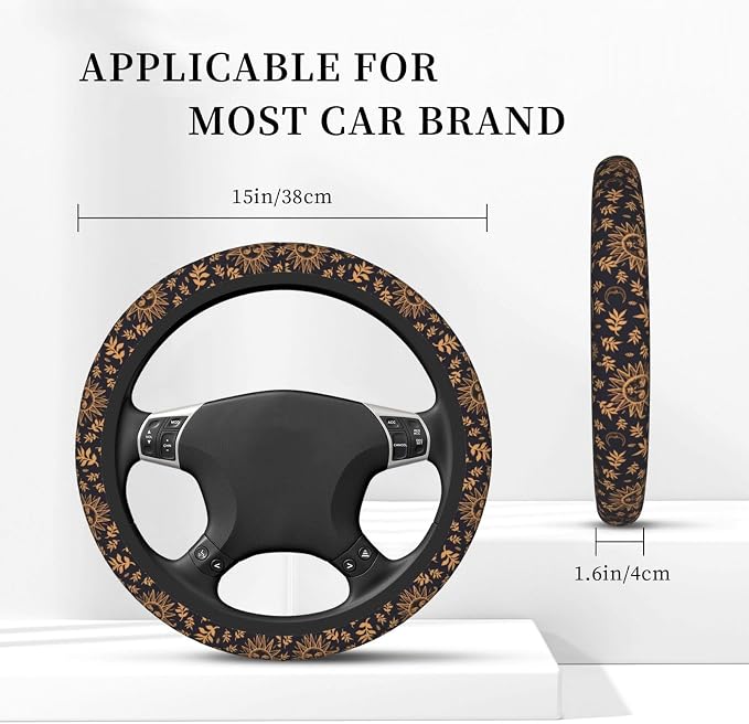 Elastic Sun Moon Leaves Car Steering Wheel Cover Protector Upgrade Thicken,Gold Boho Black,Anti Slip Durable Soft Car Interior Decor for Diverse Cars Truck SUV for Men Women Universal 15 Inch
