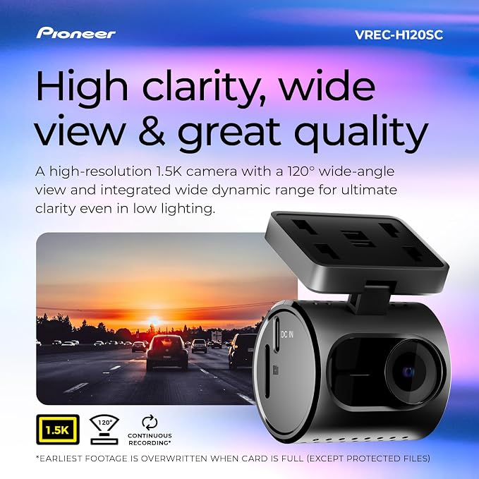 VREC-H120SC Compact Dash Camera – Discreet 1.5K Resolution Front Dash Cam for Cars with Impact Detection, 120 Degree Wide Angle Coverage, Built-in WiFi, Companion App, USB-C Easy Install