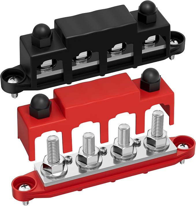 12V Bus Bar 250A Power Distribution Block Marine Busbar with 4 x M10 (3/8") Terminal Studs & 3 x #8 Screws Positive Negative for Automotive Boat RV Solar