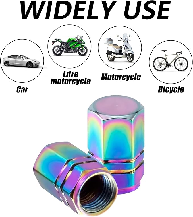 Colorful Aluminum Tire Stem Valve Caps Wheel Valve Covers Car Dustproof Tire Cap Cover Accessories, Universal for SUV, Car, Bike and Motorcycle，Hexagon Shape (4PCS)