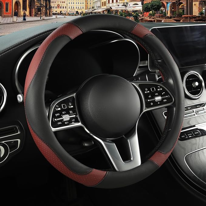 Black Burgundy Microfiber Leather Steering Wheel Cover 15 inch | Breathable Anti Slip Grip Cool Sporty Look Glow for Women Men