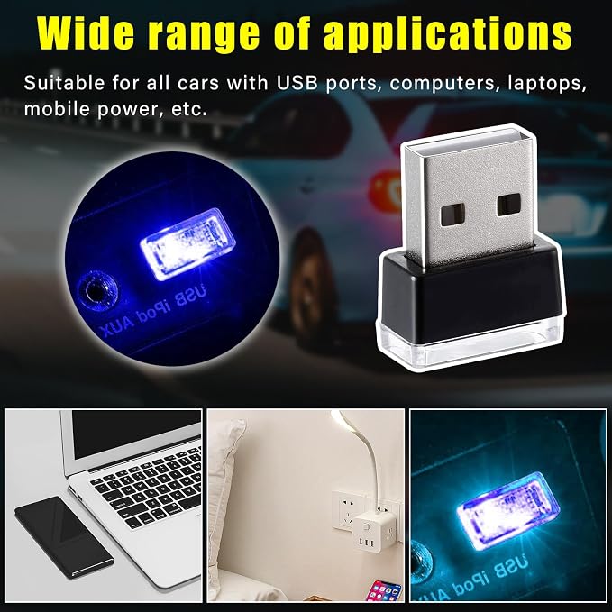 4 PCS USB LED Car Interior Atmosphere Lamp, Plug-in USB Decor Night Light, Portable Auto Ambient Lighting Kit, Universal Vehicle Interior Accessories for Most Cars (Blue & Ice Blue)