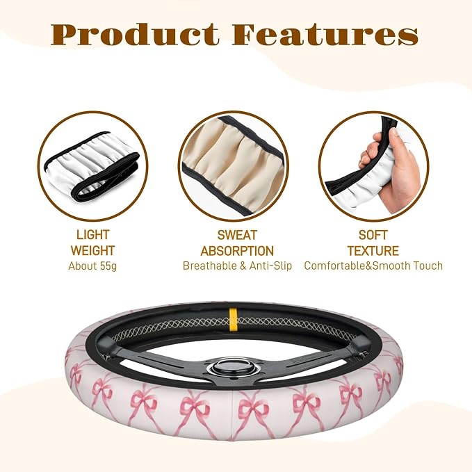 Steering Wheel Cover Accessories Neoprene Cover, Breathable Non-Slip Easy to Install Suitable for Women Men, 14.5-15.5 Inch for Car SUV Van Truck Universal - Pink Bow