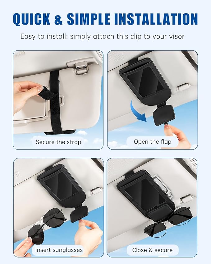 Car Visor Sunglasses Holder, 3 in 1 Glasses Clip with Photo Picture Display & Extra Storage Pocket, Anti-Slip Universal Sun Visor Organizer, 2026 Upgraded (2, Black)