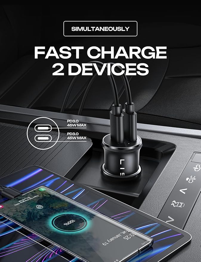 90W USB C Car Charger USB C Fast Charge, 45W PD&QC 3.0 Fast Car Charger for iPhone 17 Pro Max 16 15 Pro, Cigarette Lighter USB Charger Adapter for Samsung S26 S25, Android [Metal&Mini] Sockets