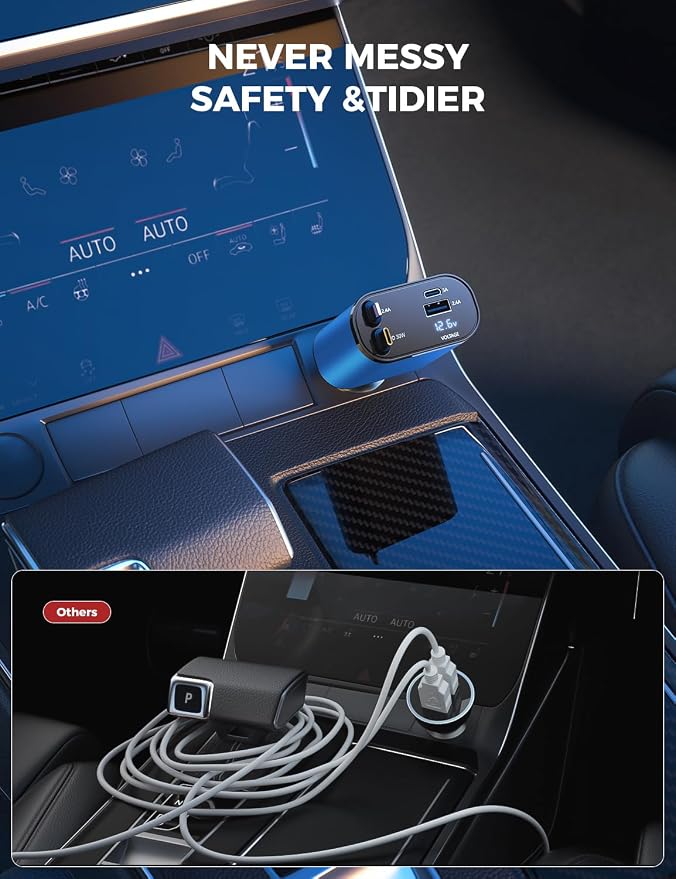 【Upgraded】 Retractable Car Charger 4 in 1, Fast Car Phone Charger with Cord 2.6ft, USB C and Apple Car Charger Adapter, Compatible with iPhone 17/16/15/15 Pro Max/14/13/12/11, Galaxy, Pixel