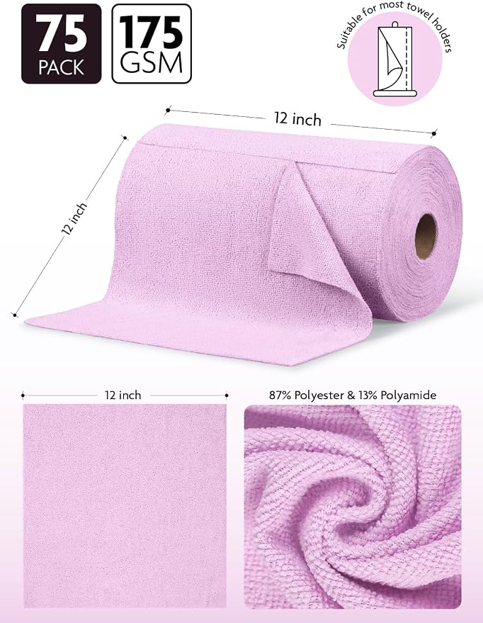 Microfiber Cleaning Cloth Roll-75 Sheets, 12" x 12" (Purple) | Super Absorbent, Lint-free, Tear-away Microfiber Towel Roll, for All-Purpose Cleaning, Reusable Alternative to Paper Towels