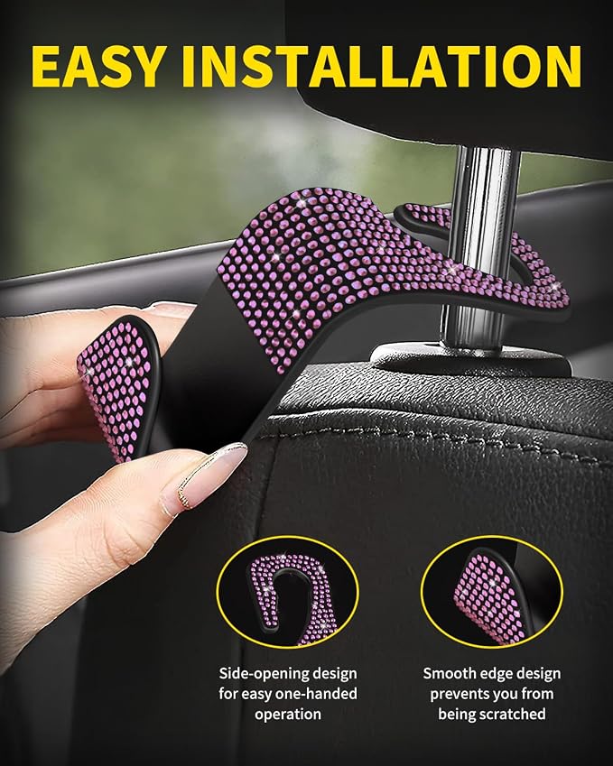 4 Pack Blink Diamond Car Seat Headrest Hooks Crystal Rhinestone Car Purse Holder Universal Interior Accessories for Handbags, Water Bottles, Coats, Umbrellas, Pink