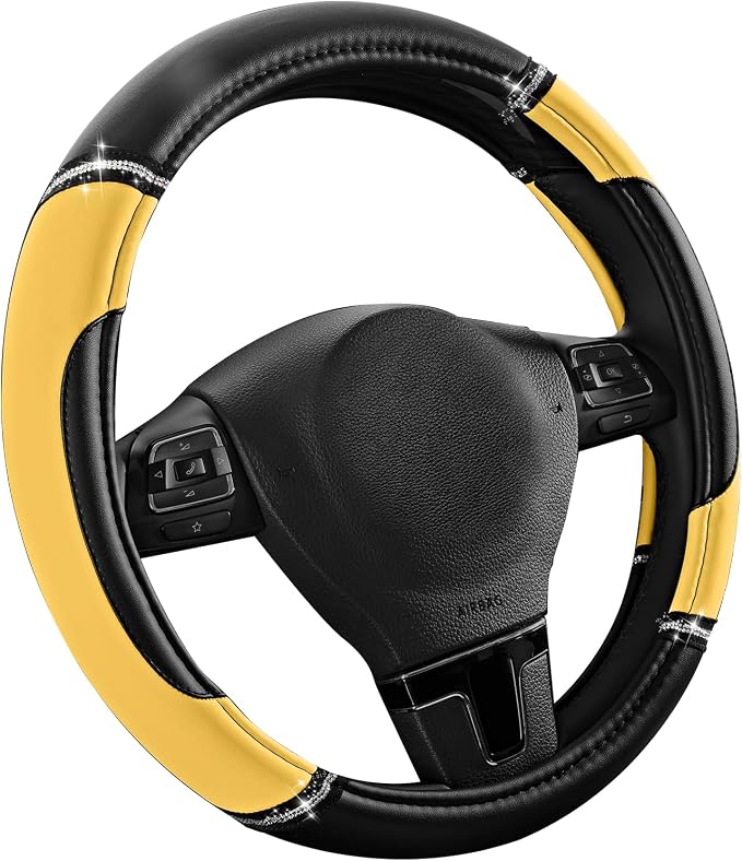 Leather Steering Wheel Cover - Made with PVC Leather - Anti-Slip, Universal Fit 14 1/2 inches to 15 inches - Yellow