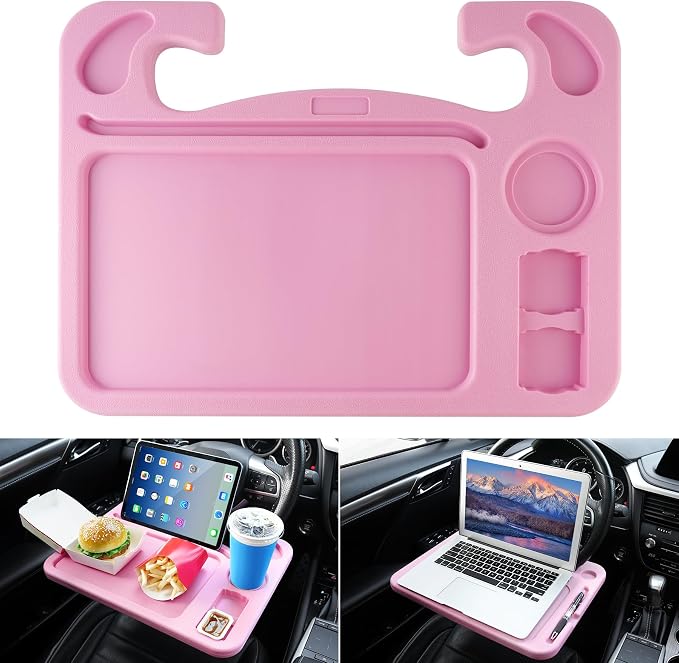4 in 1 Car Steering Wheel Desk for Laptop,Versatile Upgraded Car Seat Tray,Spacious Steering Wheel Table with Tablet Holder and Dual Sauce Racks,Steering Wheel Under Table Console (Large+Pink)
