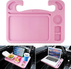 4 in 1 Car Steering Wheel Desk for Laptop,Versatile Upgraded Car Seat Tray,Spacious Steering Wheel Table with Tablet Holder and Dual Sauce Racks,Steering Wheel Under Table Console (Large+Pink)