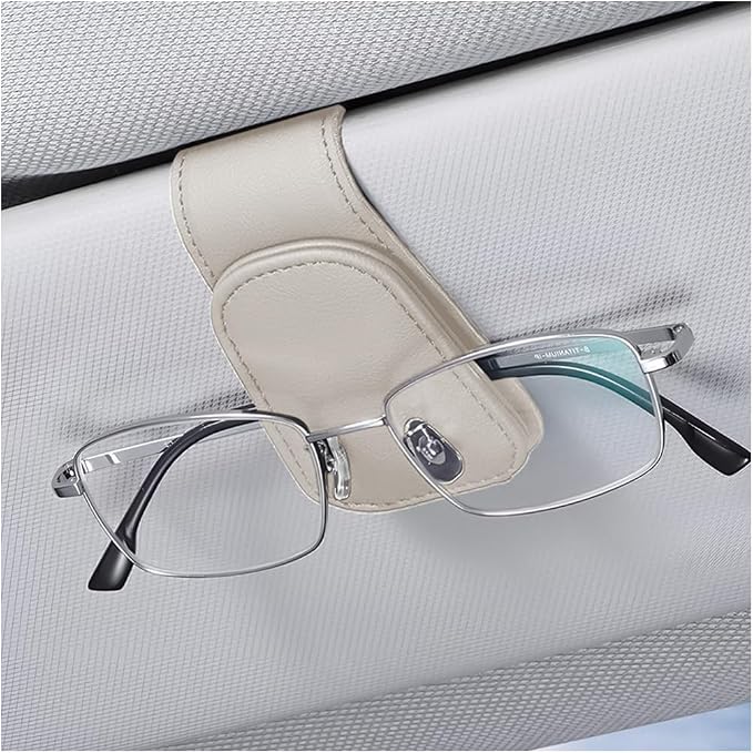 Sunglasses Holder for Car Sun Visor, Vehicle Magnetic Leather Eyeglass Hanger, Sun Glasses Mount Clip on Visors, Ticket Card Cash Organizer, Auto Interior Accessories (Light Beige, 1 PCS)