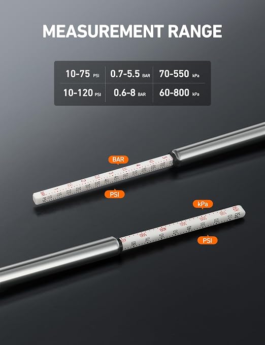 Pencil Tire Pressure Gauge 2 Pack (10-75PSI, 10-120PSI ±2% Span), Valve Caps with Case, Stainless Steel Body, and Metal Made Nozzle 3 Measurements for Cars, Bikes, Vehicles, Pickups