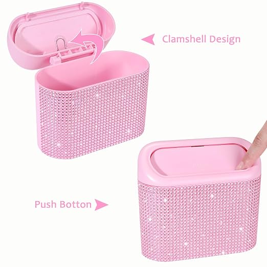 Bling Pink Car Trash Can with Lid, Mini Auto Garbage Storage Bin with 60 Trash Bags, Small Car Garbage Container Bin, Sparkling Crystal Vehicle Dustbin for Front Back Seat Accessories for Cars