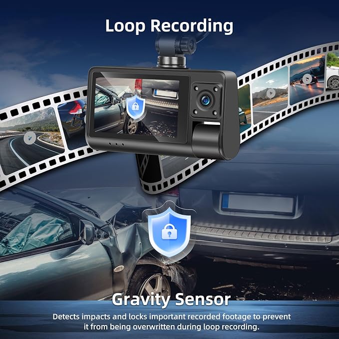 3 Channel Dash Cam for Cars, Dash Cam Front and Rear Inside, Bulit-in WiFi: 3 inch IPS Screen, 1080P Triple Dash Camera with 64GB Card, G-Sensor, Loop Record, Night Vision + Rearview Camera