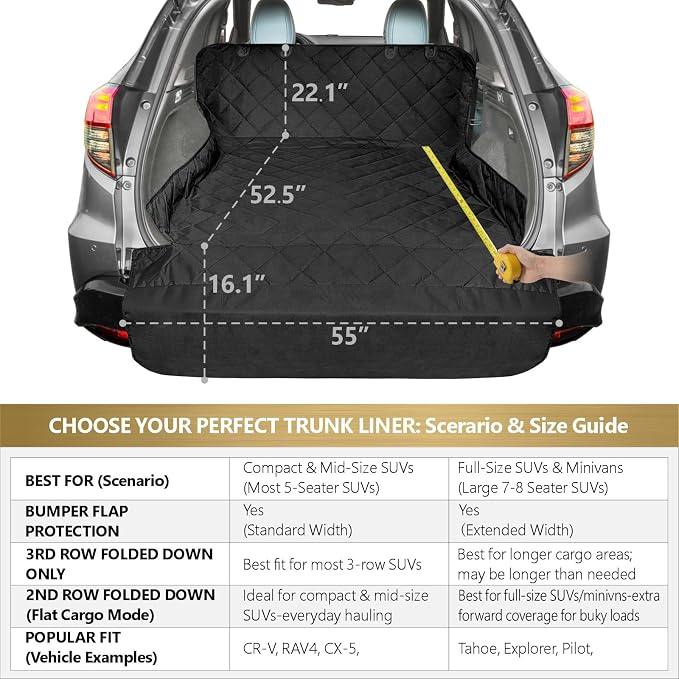 SUV Cargo Liner for Dogs, Heavy Duty Water Resistant Pet Cargo Cover Dog Seat Cover Mat for Mid-Size SUVs Sedans Vans with Bumper Flap Protector, Non-Slip, Standard Size Universal Fit, Black