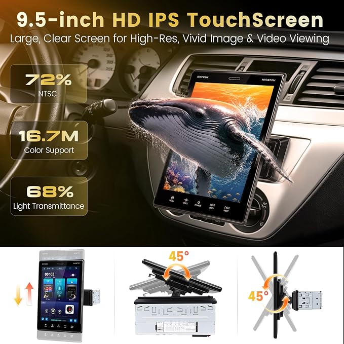 9.5'' Single Din Car Stereo with Wireless CarPlay Android Auto,HD IPS Adjustable Screen Vertical Radio with Bluetooth, USB, Mirror Link, SWC, Bluetooth, Car Play, FM/AM/RDS Radio, Backup Camera