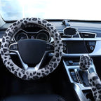 Fuzzy Steering Wheel Cover for Women Girls, Universal Fit Fur Car Wheel Cover & Handbrake Cover & Gear Shift Cover Set, Leopard Winter Warm Fluffy Vehicle Wheel Protector for Auto, SUV