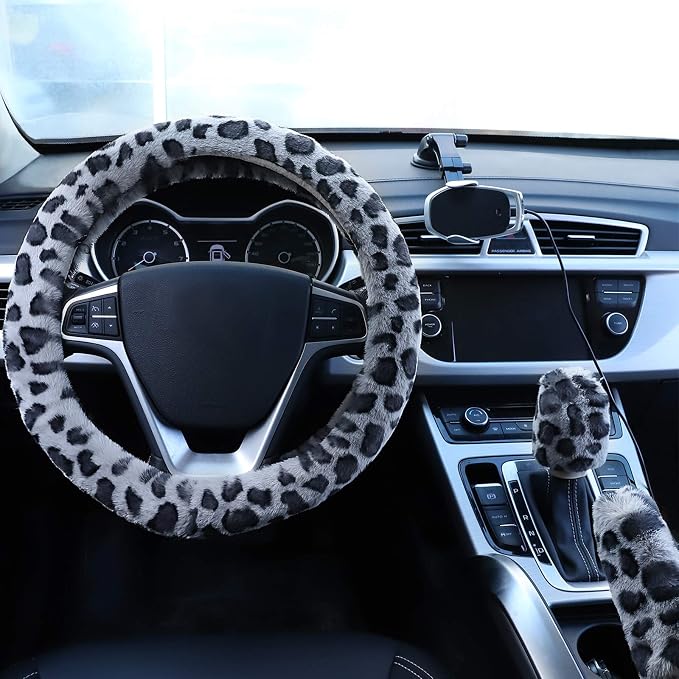 Fuzzy Steering Wheel Cover for Women Girls, Universal Fit Fur Car Wheel Cover & Handbrake Cover & Gear Shift Cover Set, Leopard Winter Warm Fluffy Vehicle Wheel Protector for Auto, SUV
