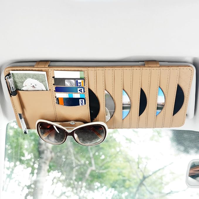 Sun Visor CD Case Holder for Car - Multi-Function Visor Organizer with CD/DVD Storage, Eyeglass Clip, Card Slots & Pen Holder, Durable Leather Car Accessories (Beige)