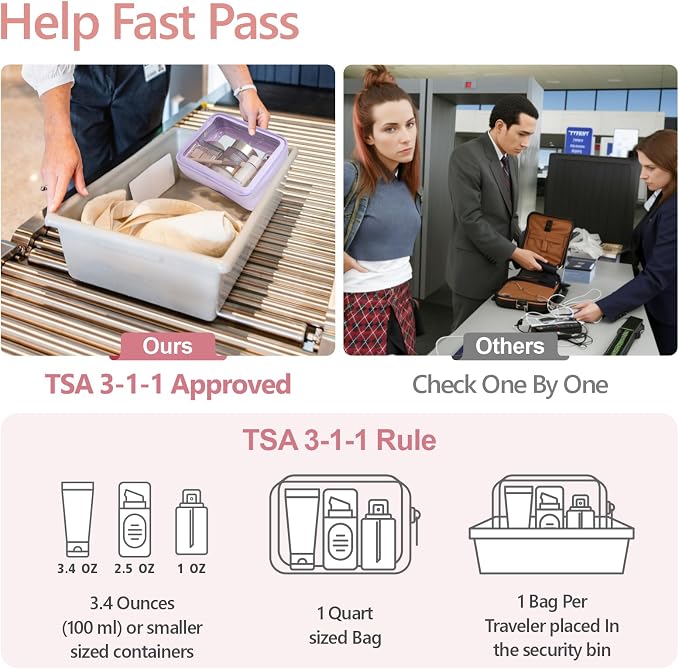 Clear Makeup Bag - TSA Approved Toiletry Bag for Carry-on & Checked Luggage, Water Resistant Car Storage Organizer with Reinforced Seams