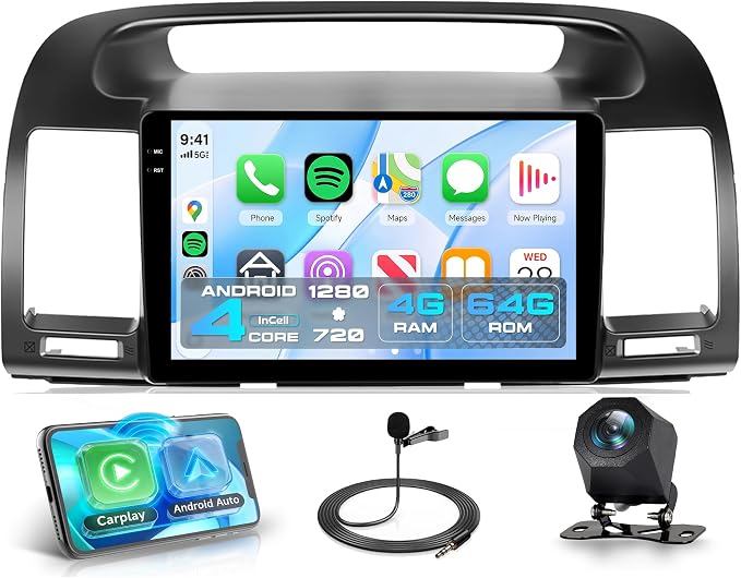 4GB+64GB Android 15 Car Stereo for Toyota Camry 2000-2006, 9" INCELL Touchscreen Radio with Wireless CarPlay Android Auto, GPS WiFi Bluetooth FM/RDS EQ SWC Backup Camera