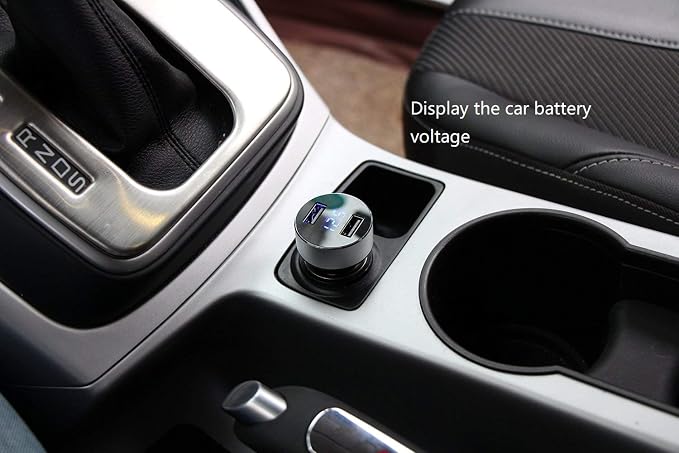 2 USB Car Charger,12V/24V Voltage Meter, Silver | Cigarette Lighter USB Adapter with LED Voltage Meter, 12V/24V Car Charger compatible for iPhone, Samsung, iPad, GPS, Dash Cam