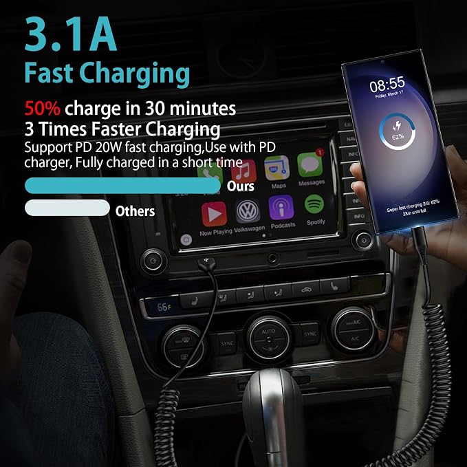 USB to USB C Cable iPhone 17e Coiled 3FT Car Charger Cord for iPhone 16e/16/16 Pro/16 Pro Max/Plus/17/Air/17 Pro/17 Pro Max, Retractable Auto Type C Fast Charging for Samsung Galaxy A17 S26,Pixel 10