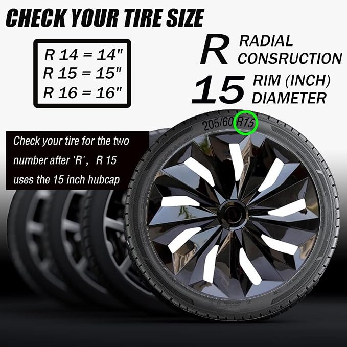 Hubcap Wheel Covers Hub Caps 15 Inch Set of 4 Black Universal Wheel Rim Cover R15 Stylish Car Decor Wheel Covers for Toyota Camry Nissan Mazda (black-04-TT, 15 inch)