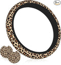 Leopard Cheetah Print Steering Wheel Cover 15 Inch + 2pc car Coasters | Universal Anti-Slip Breathable Animal Print Matching Set for Men Women